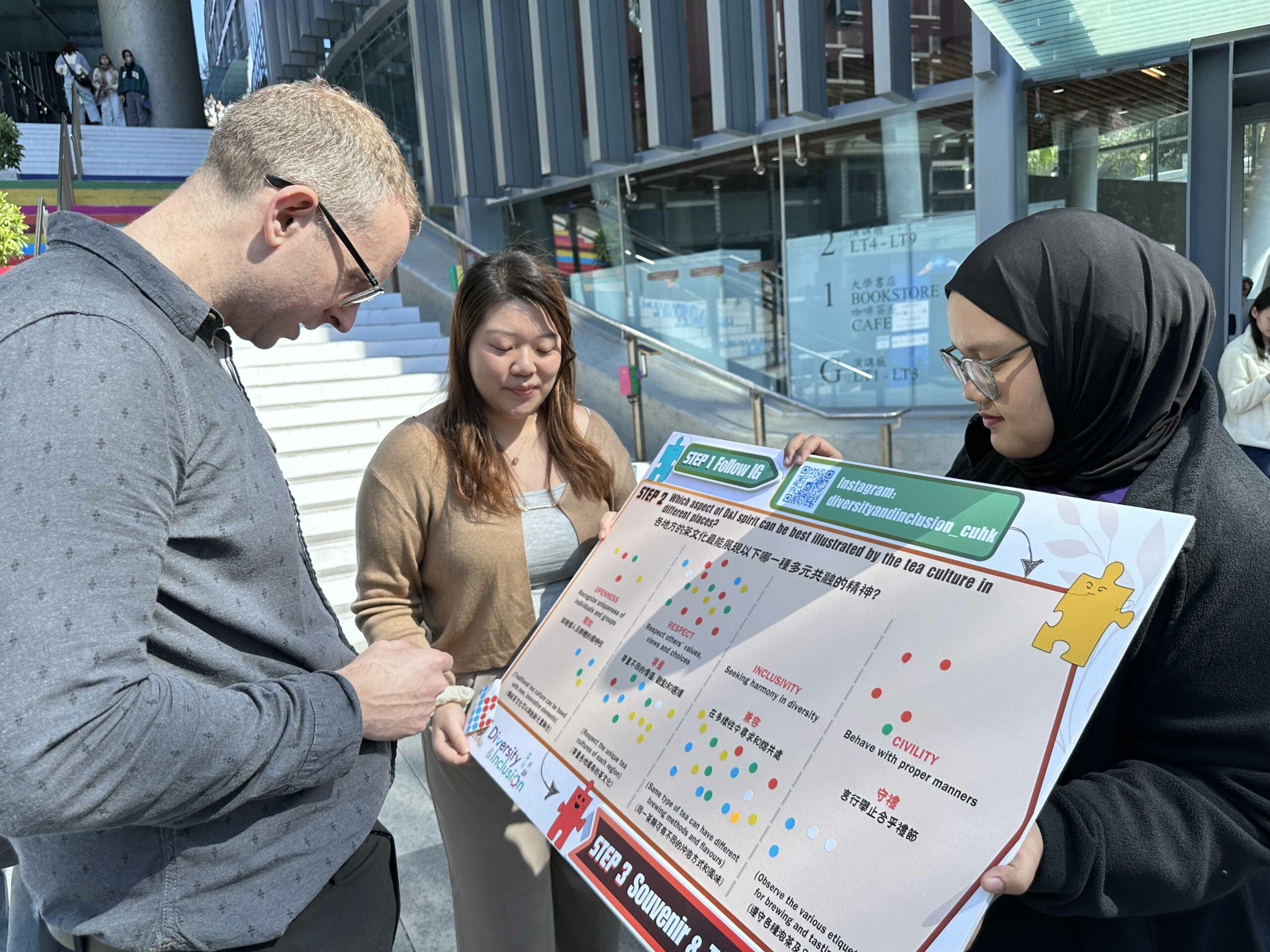 A participant is studying the questions on the interactive voting board.